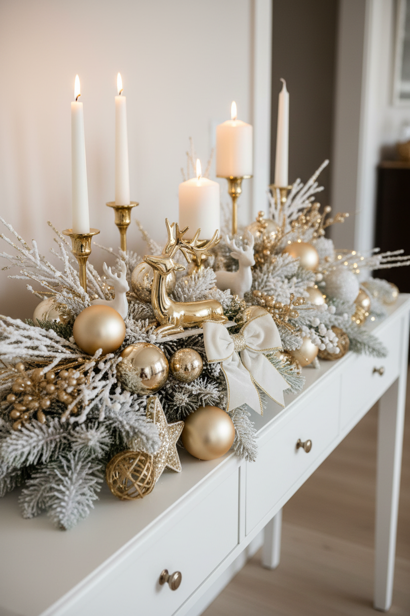 Arranjo de Natal em aparador com rena dourada pequena