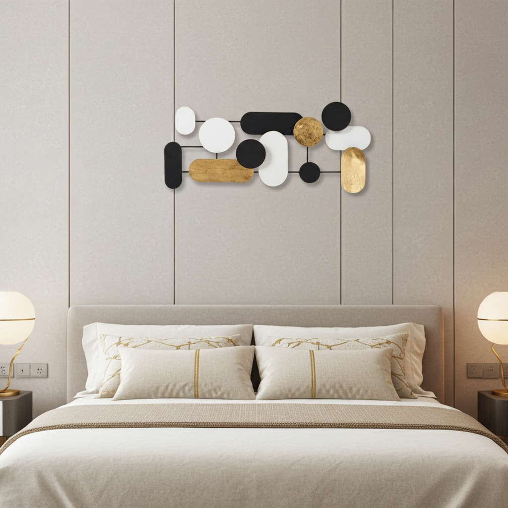 Decoração parede Círculos e Ovais branco preto e dourado