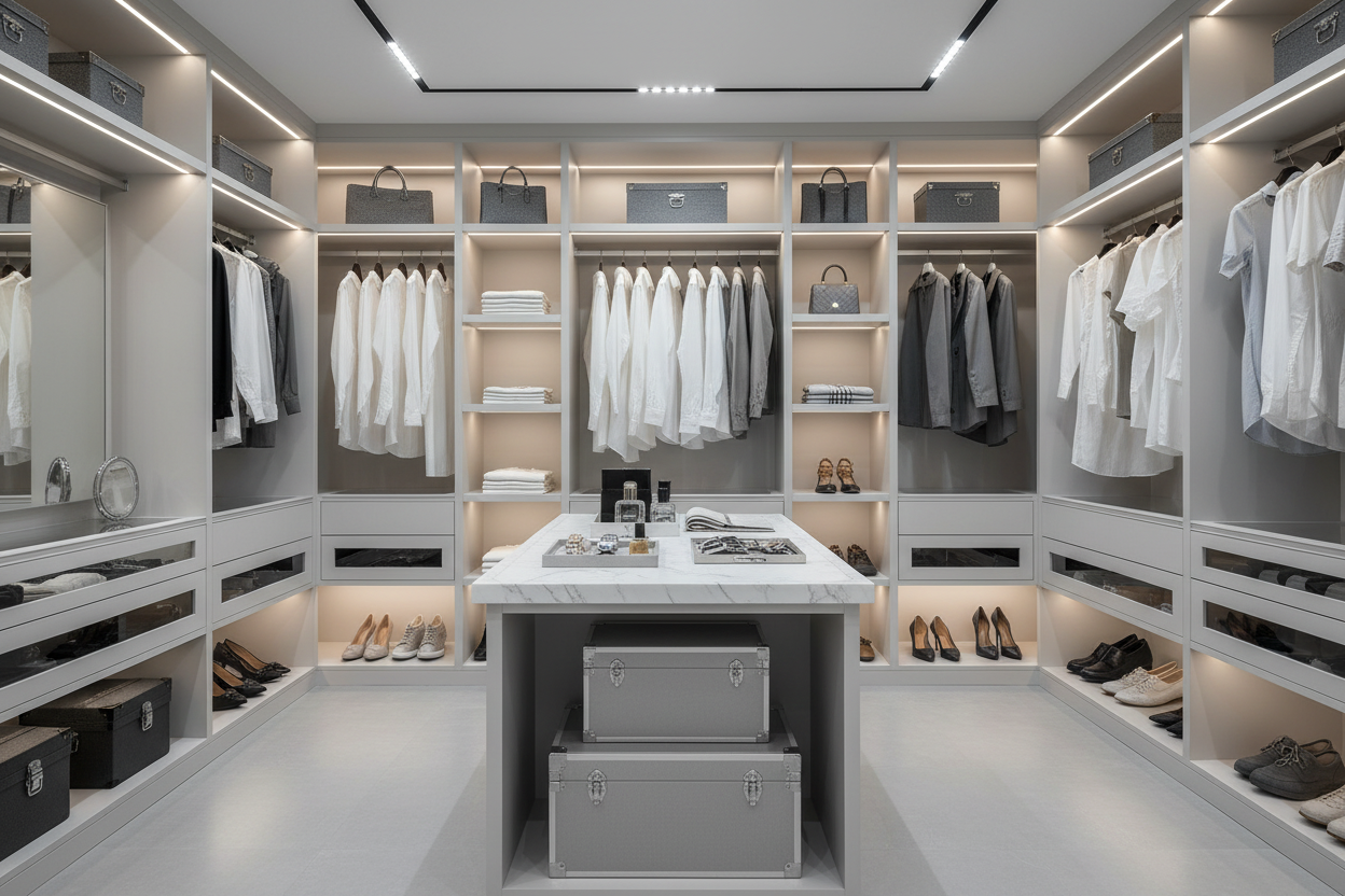 Baús em closet de luxo