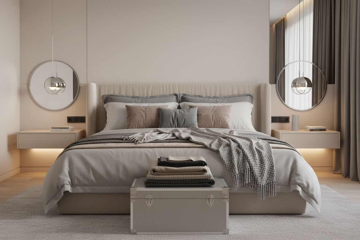 Baús em quarto contemporâneo