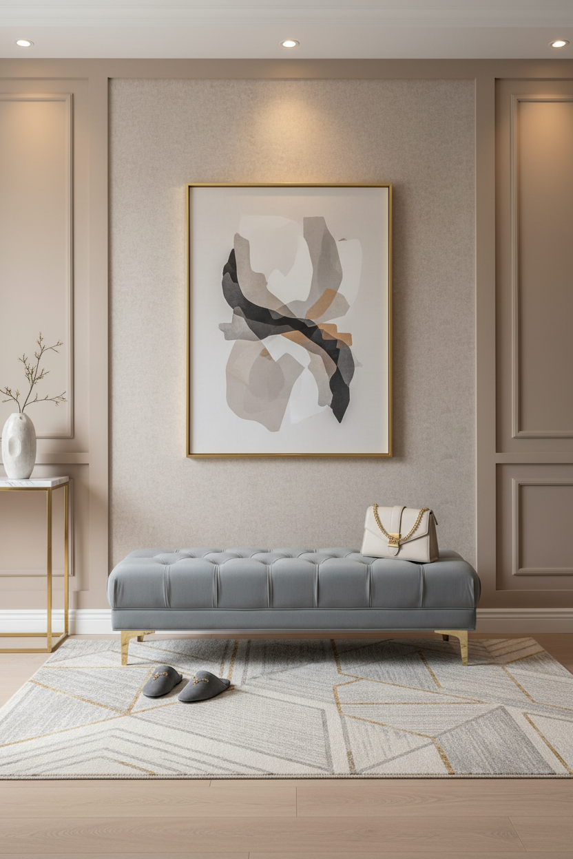 Banco em entrada com tapete, chinelos e mala