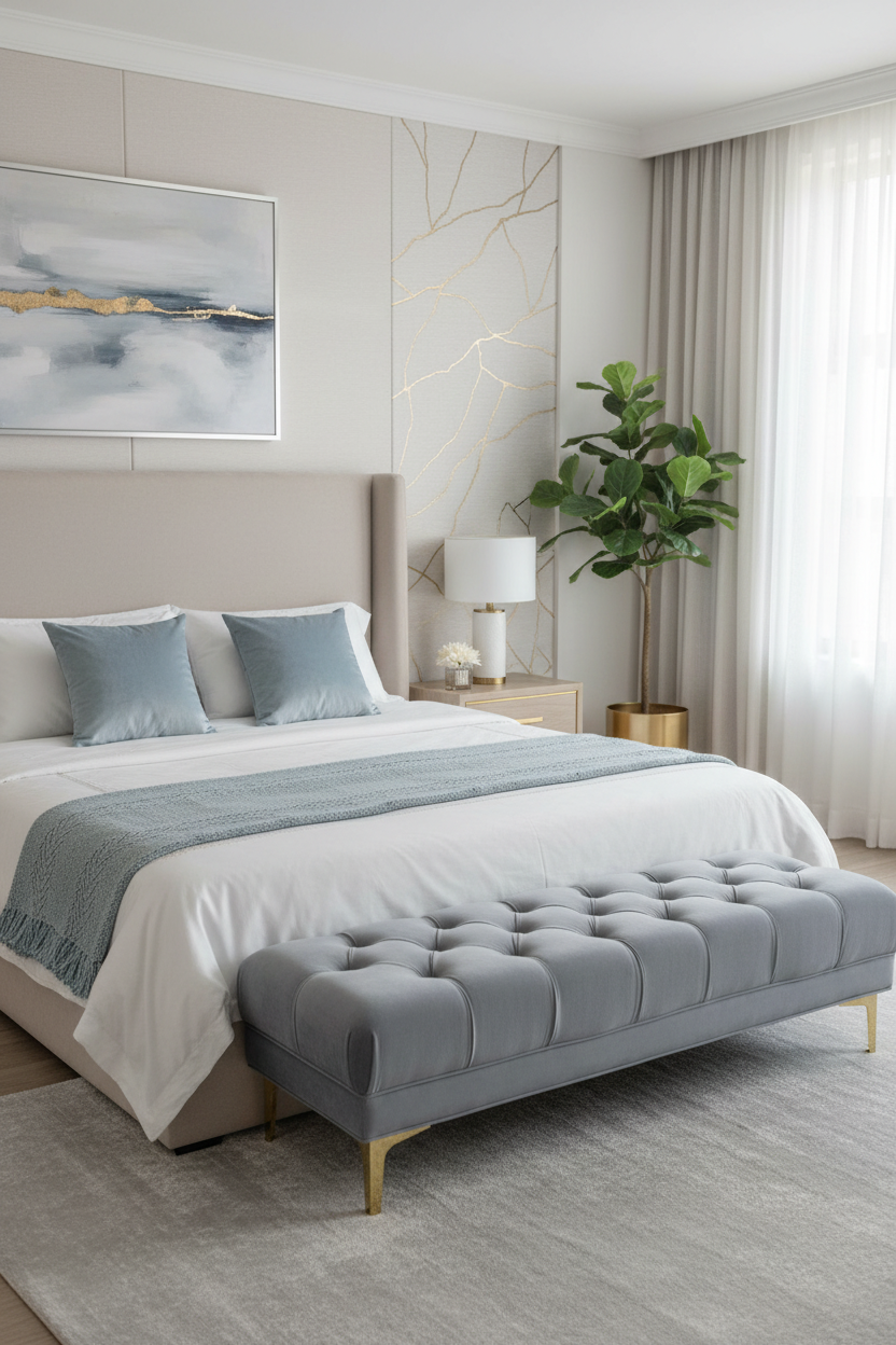 Banco em quarto elegante com apontamentos azul claro