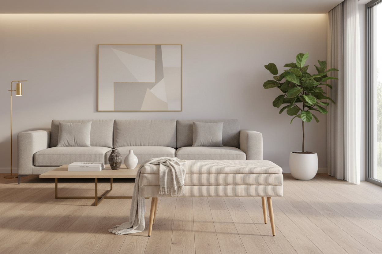 Banco Olga em sala de estar minimalista