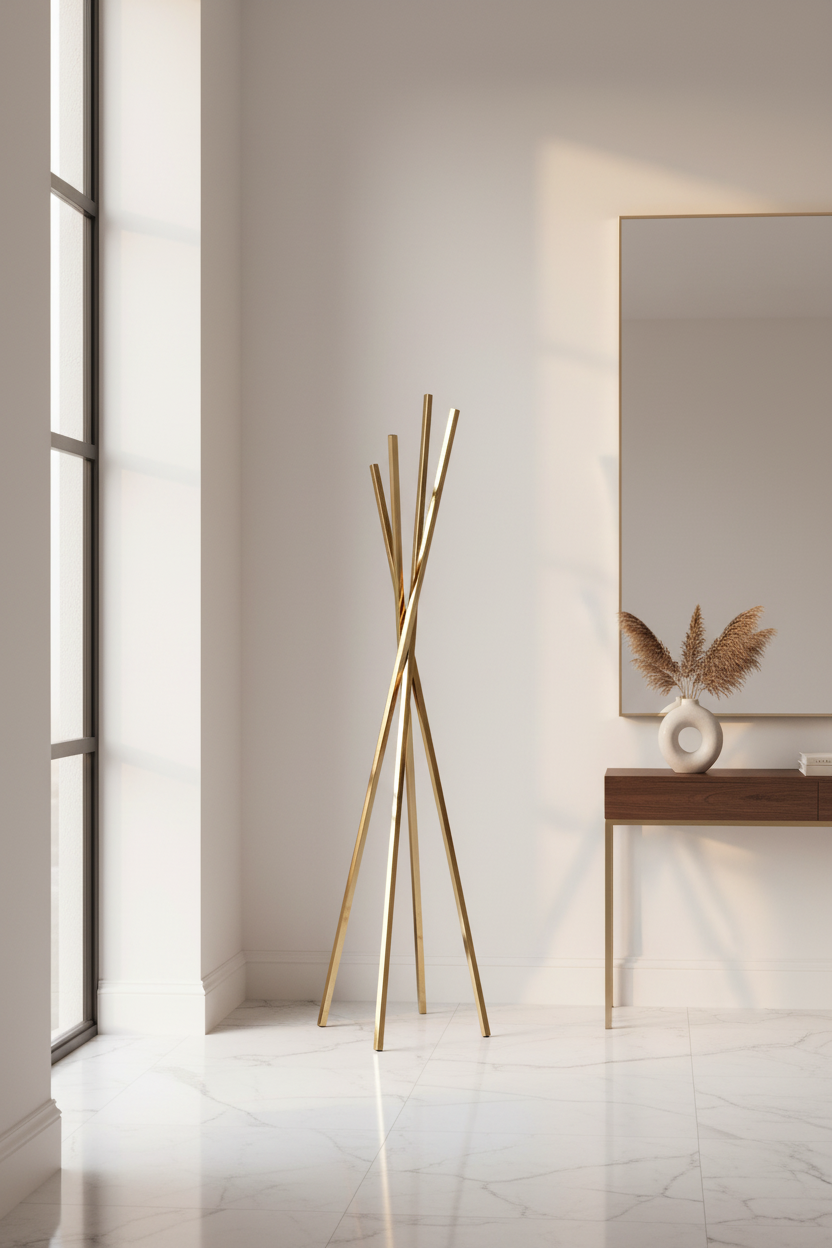 Bengaleiro dourado premium em hall de entrada moderno com mármore e espelho