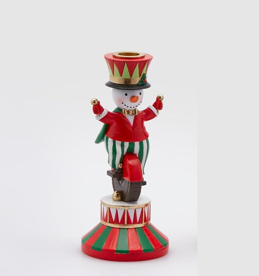 Castiçal Boneco de Neve Natal Circo Vermelho e Verde 21cm