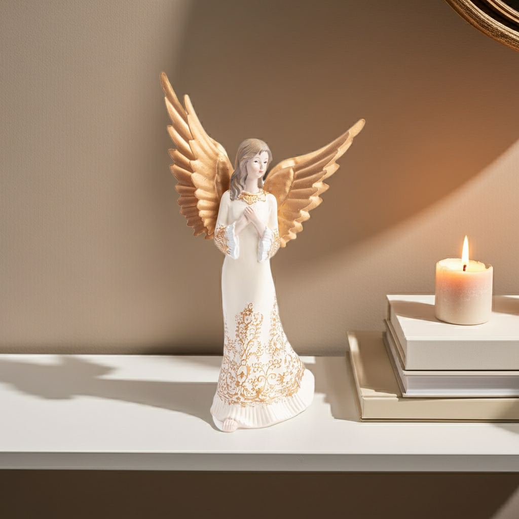 Escultura anjo bege e dourado