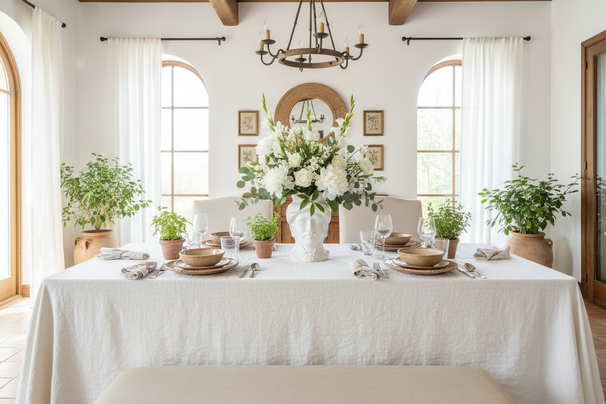 Cabeça de Mouro Re com flores brancas em mesa