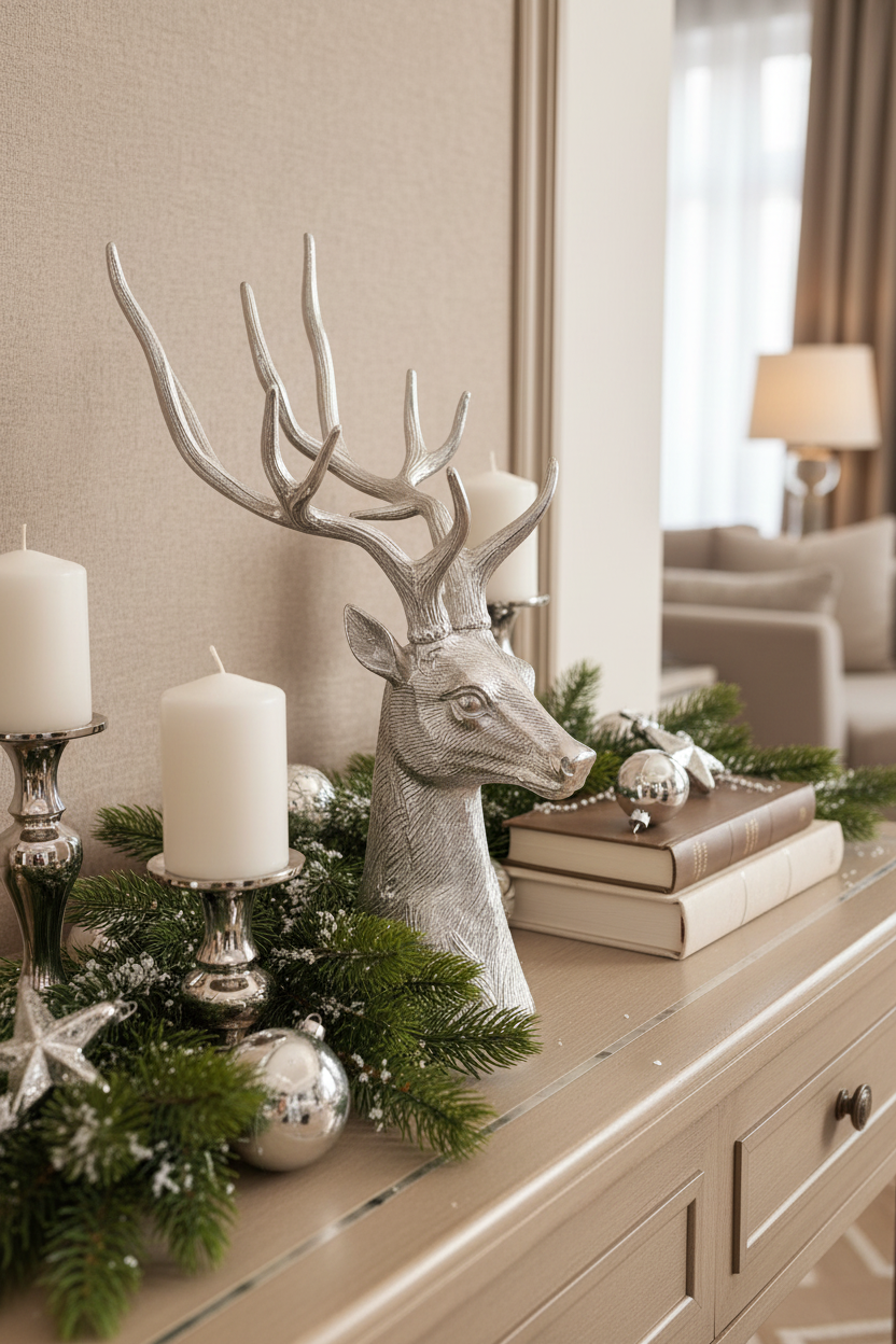 Cabeça de rena prateada em ambiente sofisticado - vista próxima