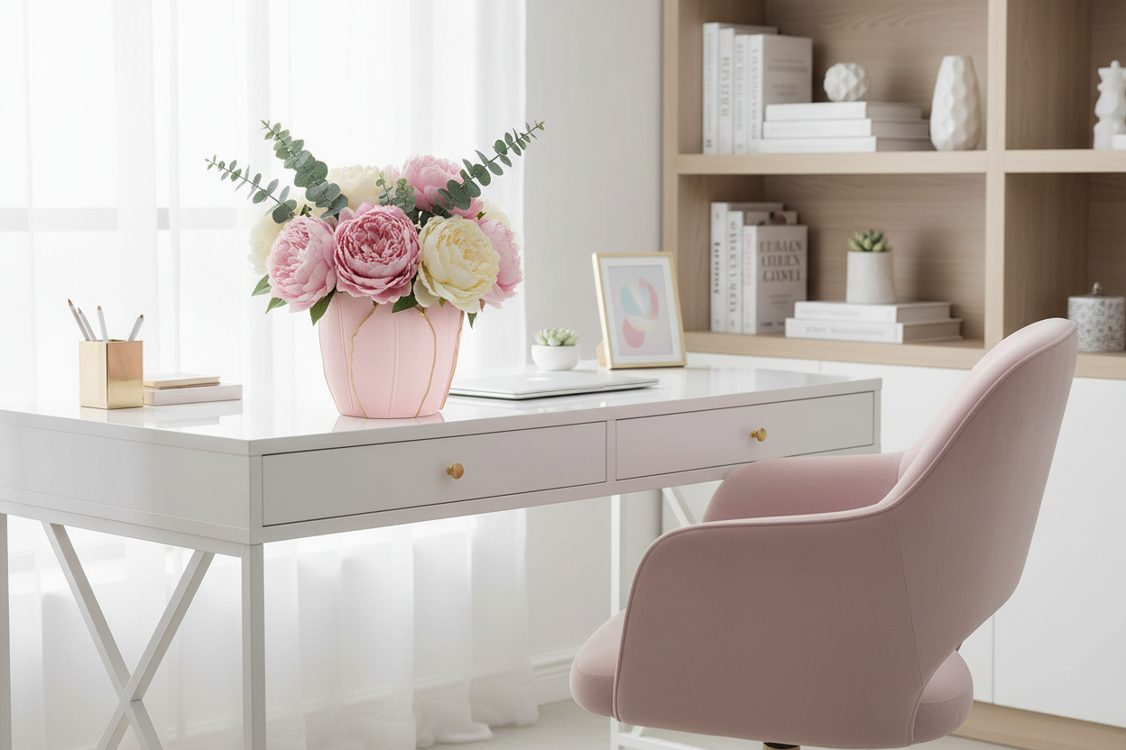 Cachepot com peónias em escritório