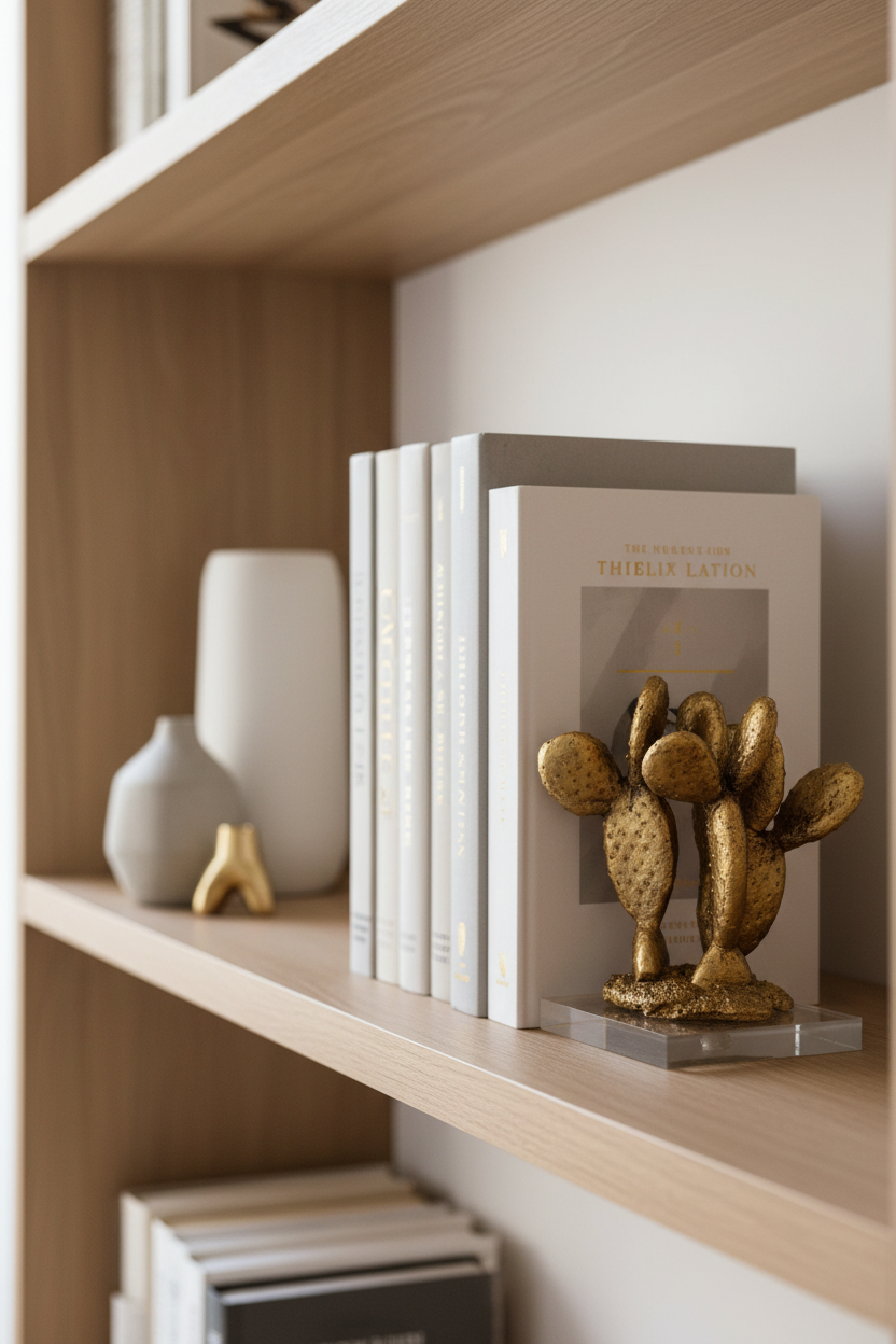 Cacto dourado como suporte de livros - vista próxima