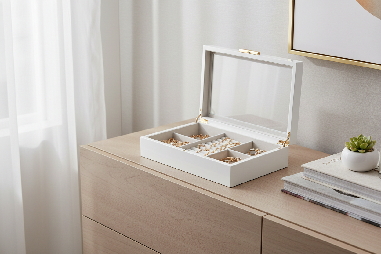 Caixa de joias com vidro transparente limpo em cómoda moderna