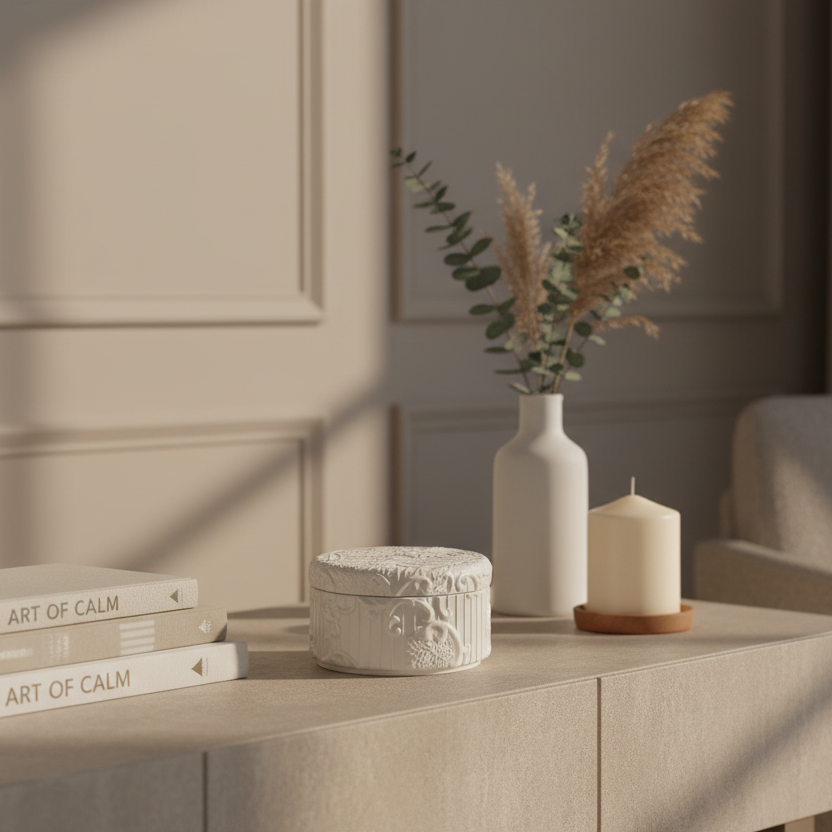 Caixinha renda em prateleira de sala