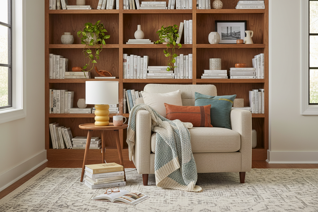 Candeeiro amarelo em cantinho leitura