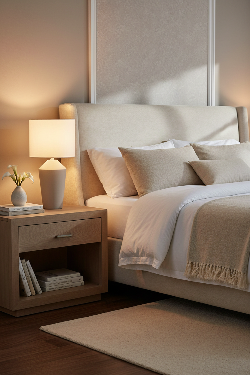 Candeeiro branco com base cónica em mesa de cabeceira