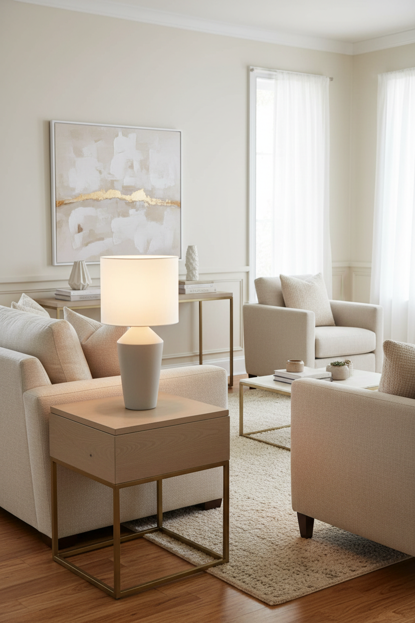 Candeeiro branco com base cónica em sala elegante