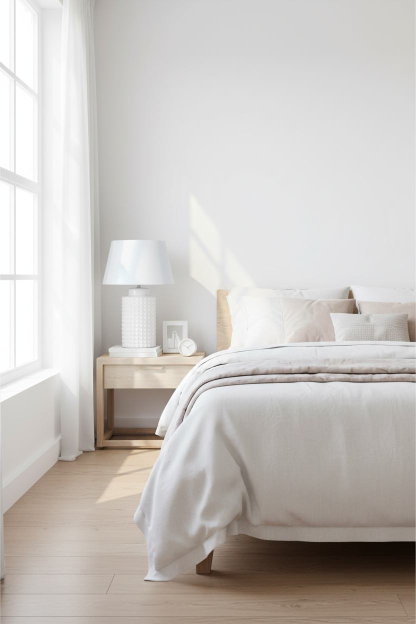 Candeeiro branco com textura em quarto luminoso