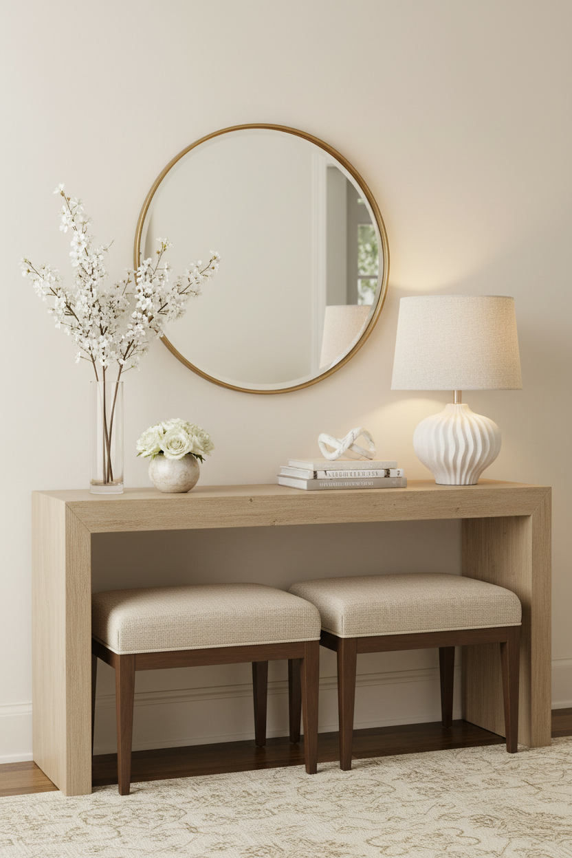 Candeeiro branco em entrada com espelho e bancos - versão 2