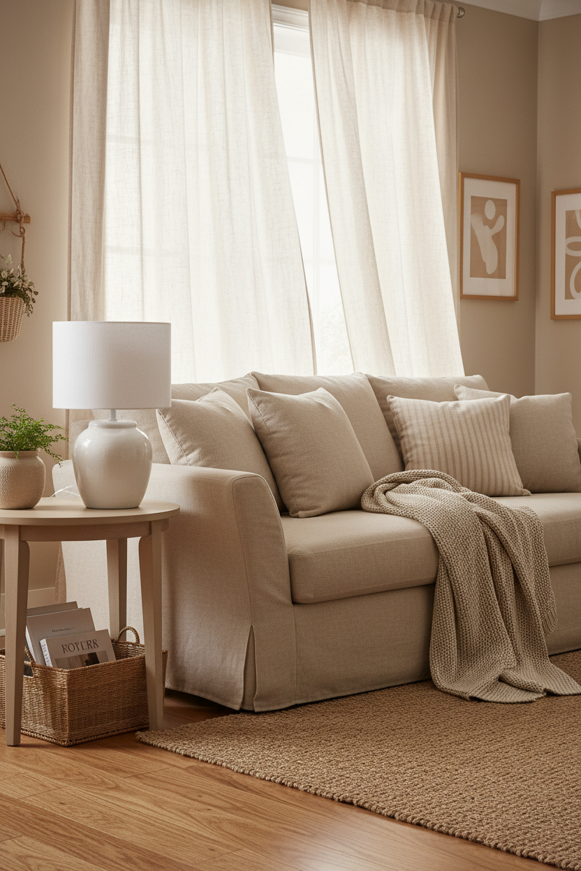 Candeeiro branco Mikonos em ambiente acolhedor com beges e cortinados