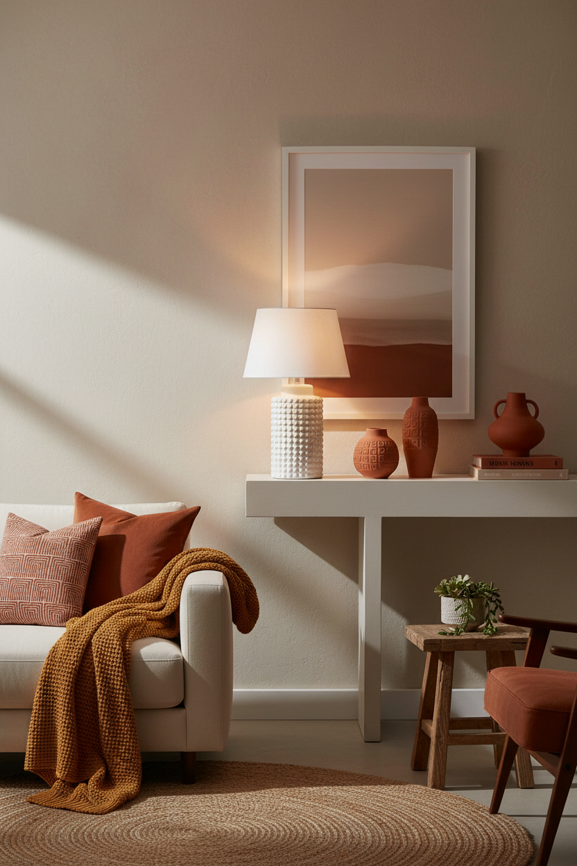 Candeeiro branco texturizado em sala com acentos terracota