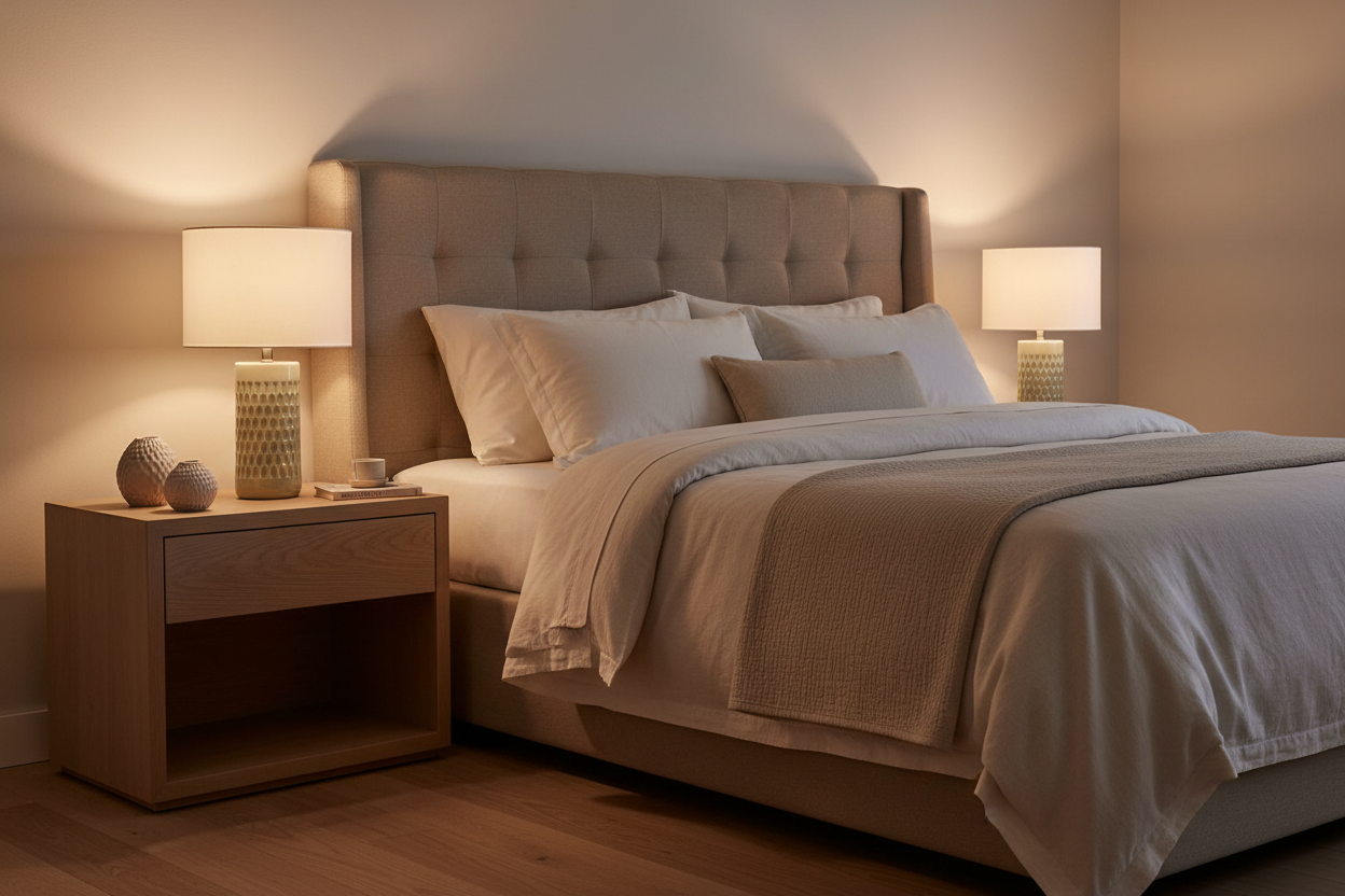 Candeeiro cerâmica creme em quarto contemporâneo