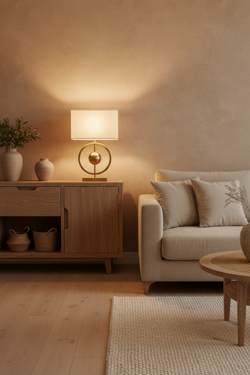 Candeeiro Charm dourado em ambiente bege e madeira