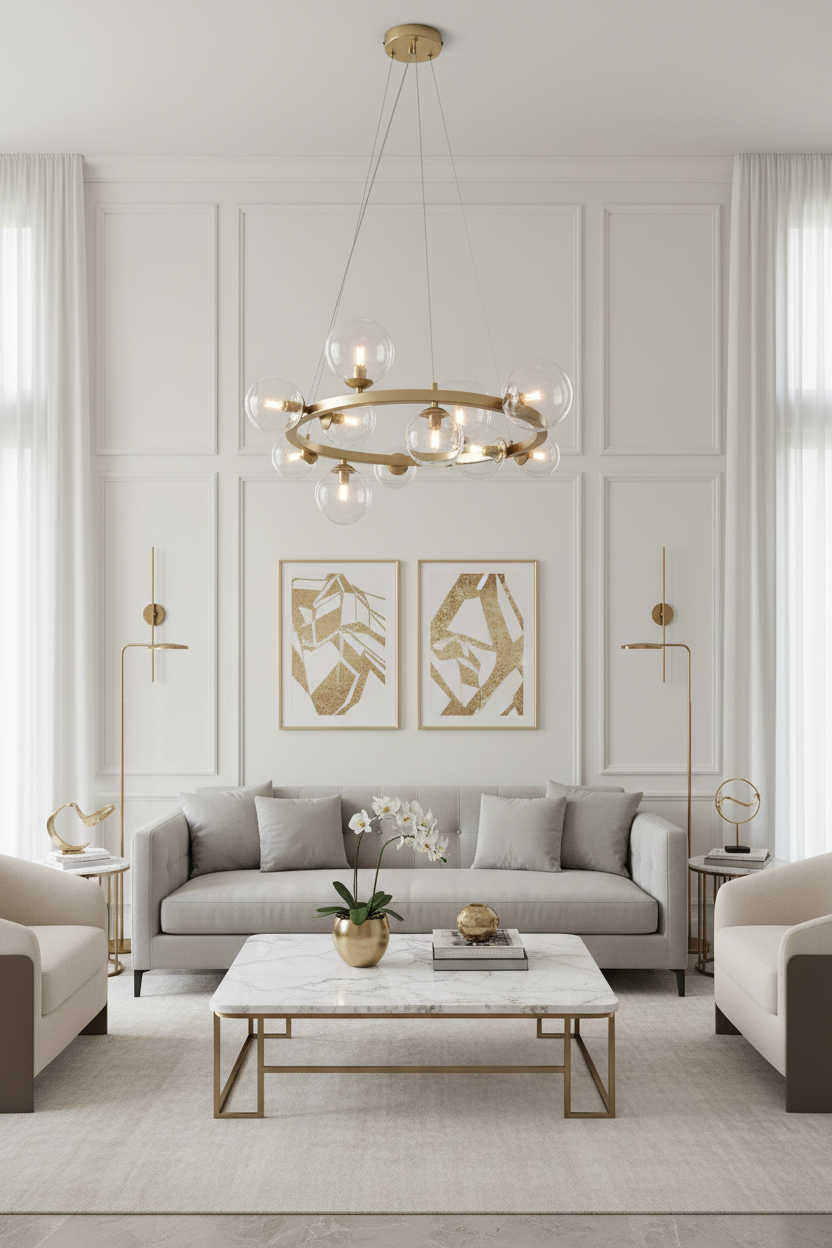 Candeeiro circular dourado em sala de estar