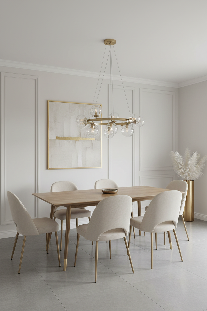 Candeeiro circular dourado em sala de jantar