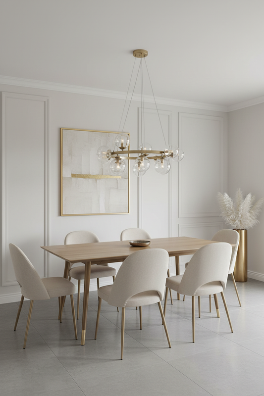 Candeeiro circular dourado em sala de jantar