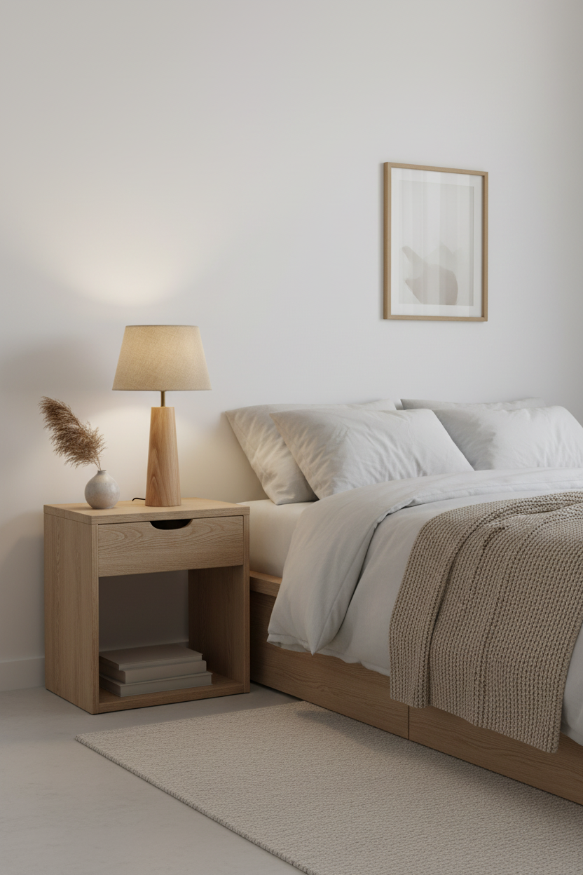 Candeeiro com base de madeira em quarto minimalista