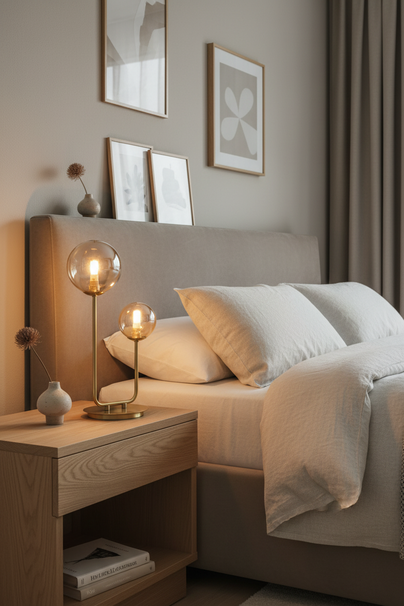 Candeeiro compacto com globos âmbar em mesa de madeira