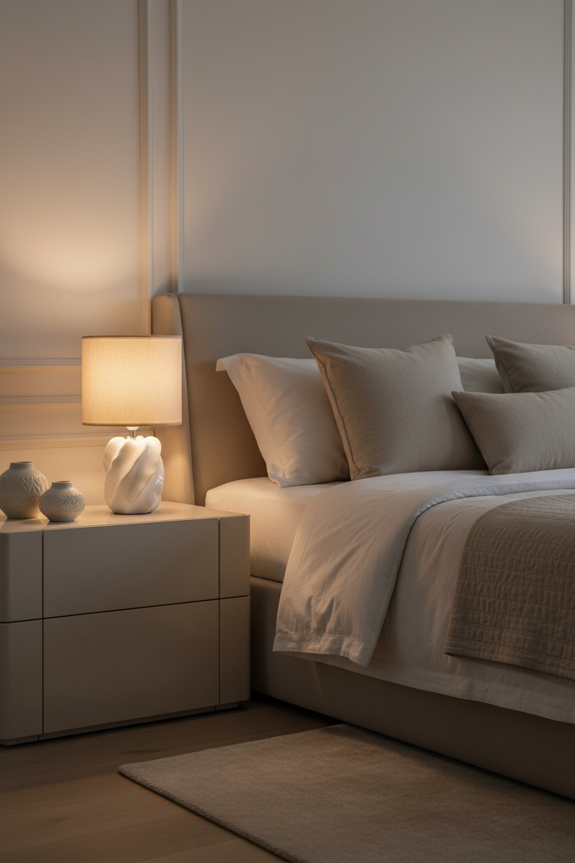 Candeeiro de mesa pequeno com base esculpida em mesa de cabeceira