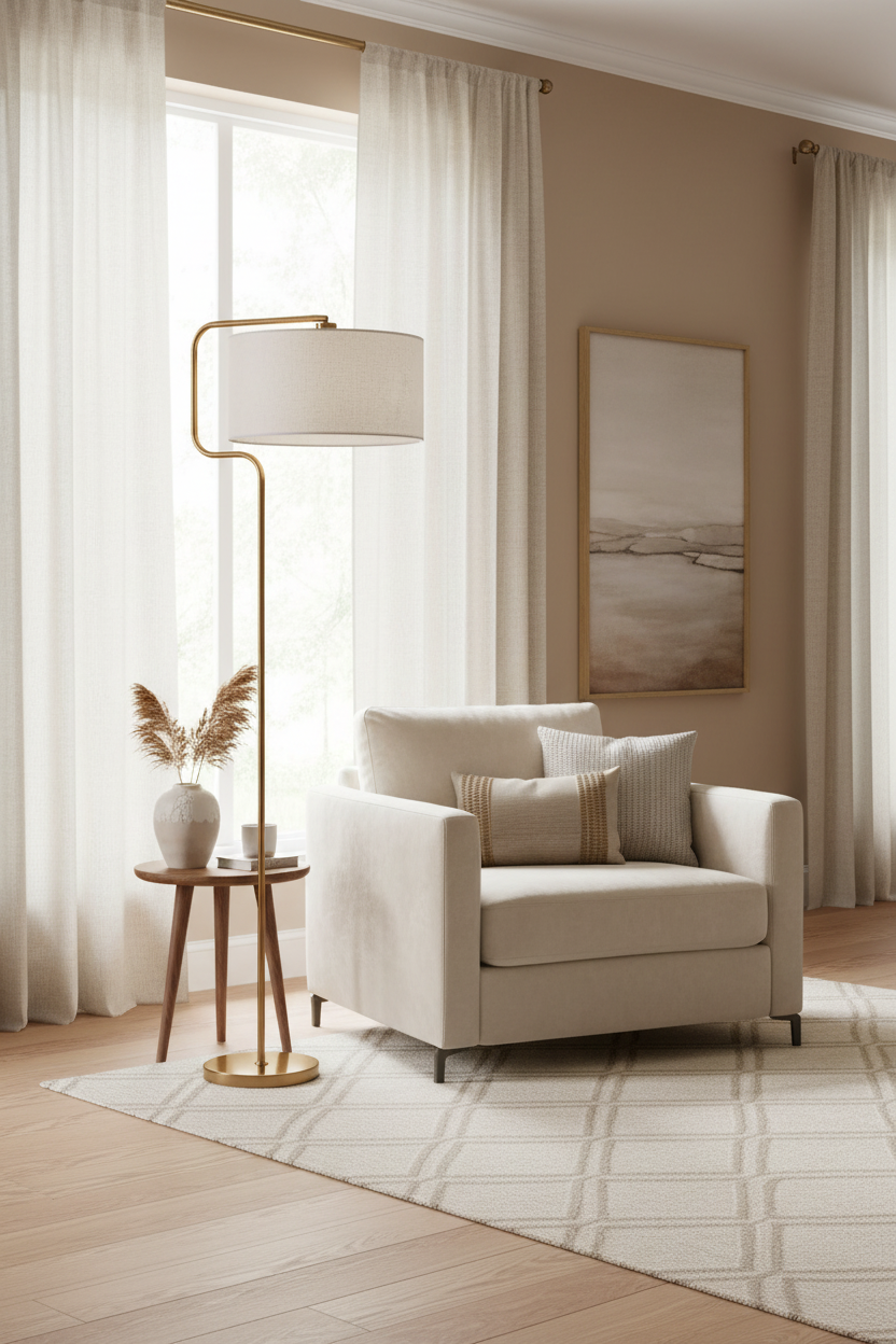 Candeeiro de pé 160cm em ambiente com têxteis