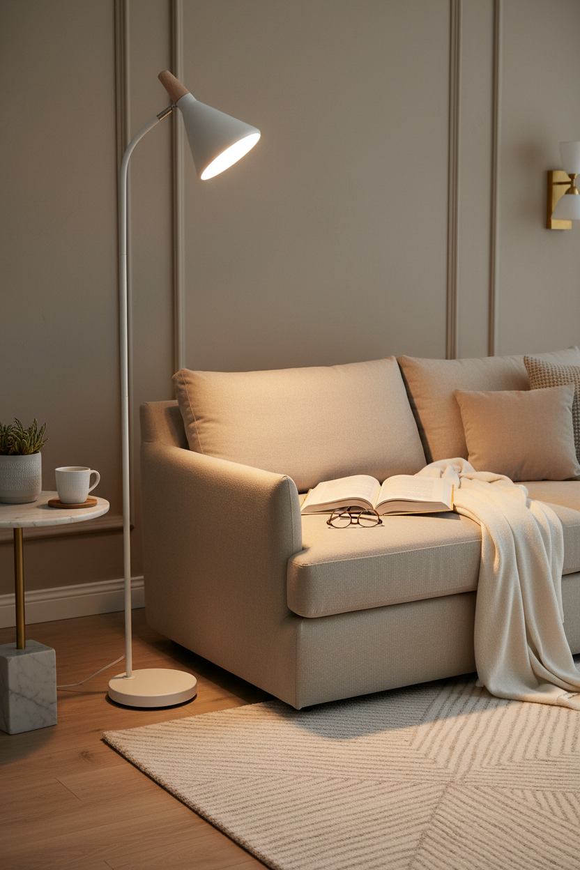 Candeeiro de pé branco como suporte de leitura ao lado do sofá