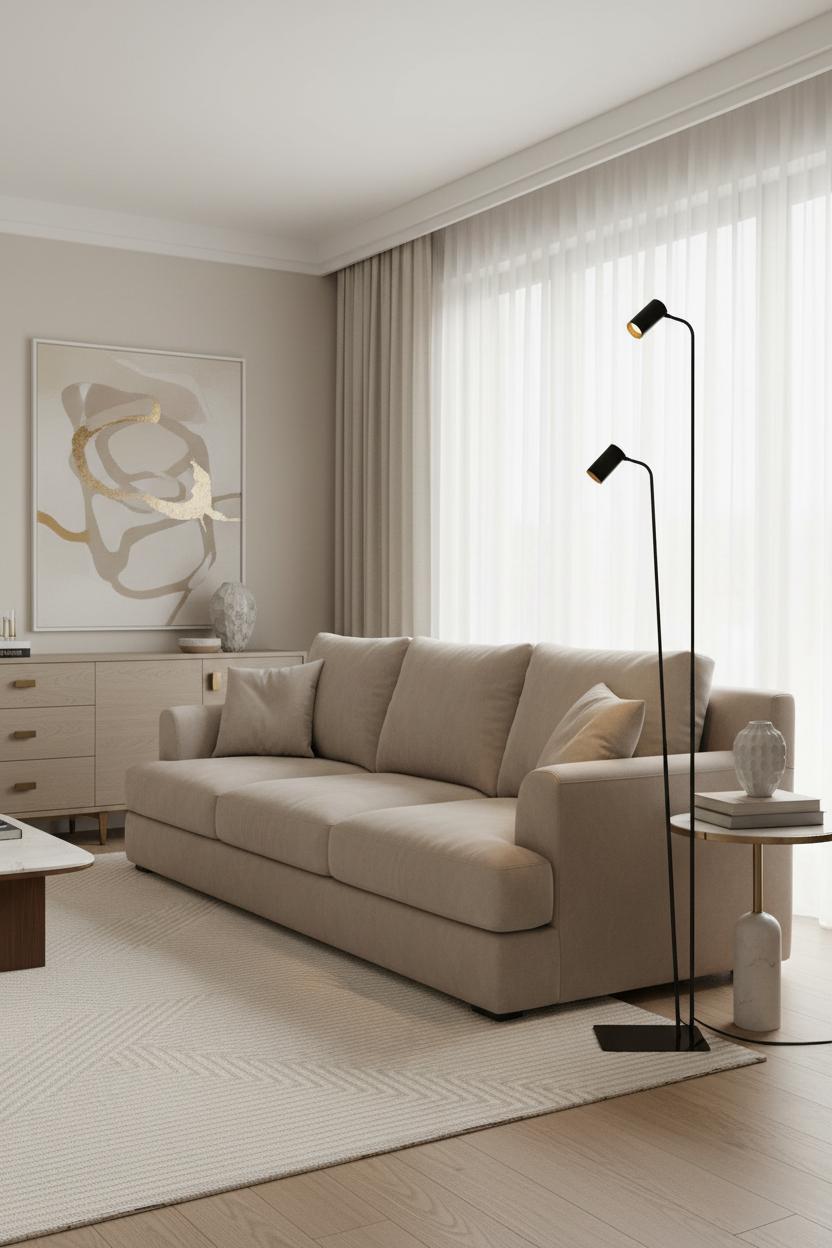 Candeeiro de pé preto junto ao sofá - vertical