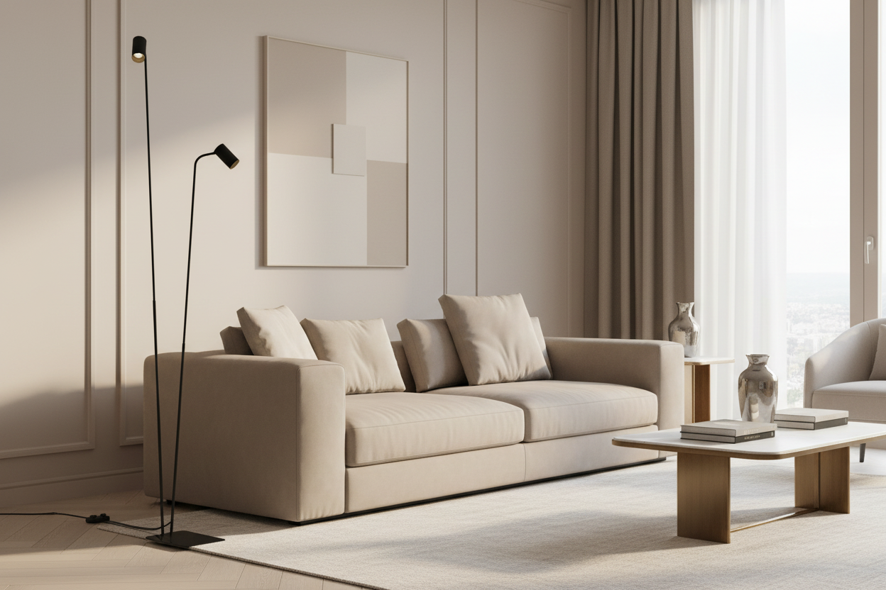 Candeeiro de pé preto junto ao sofá