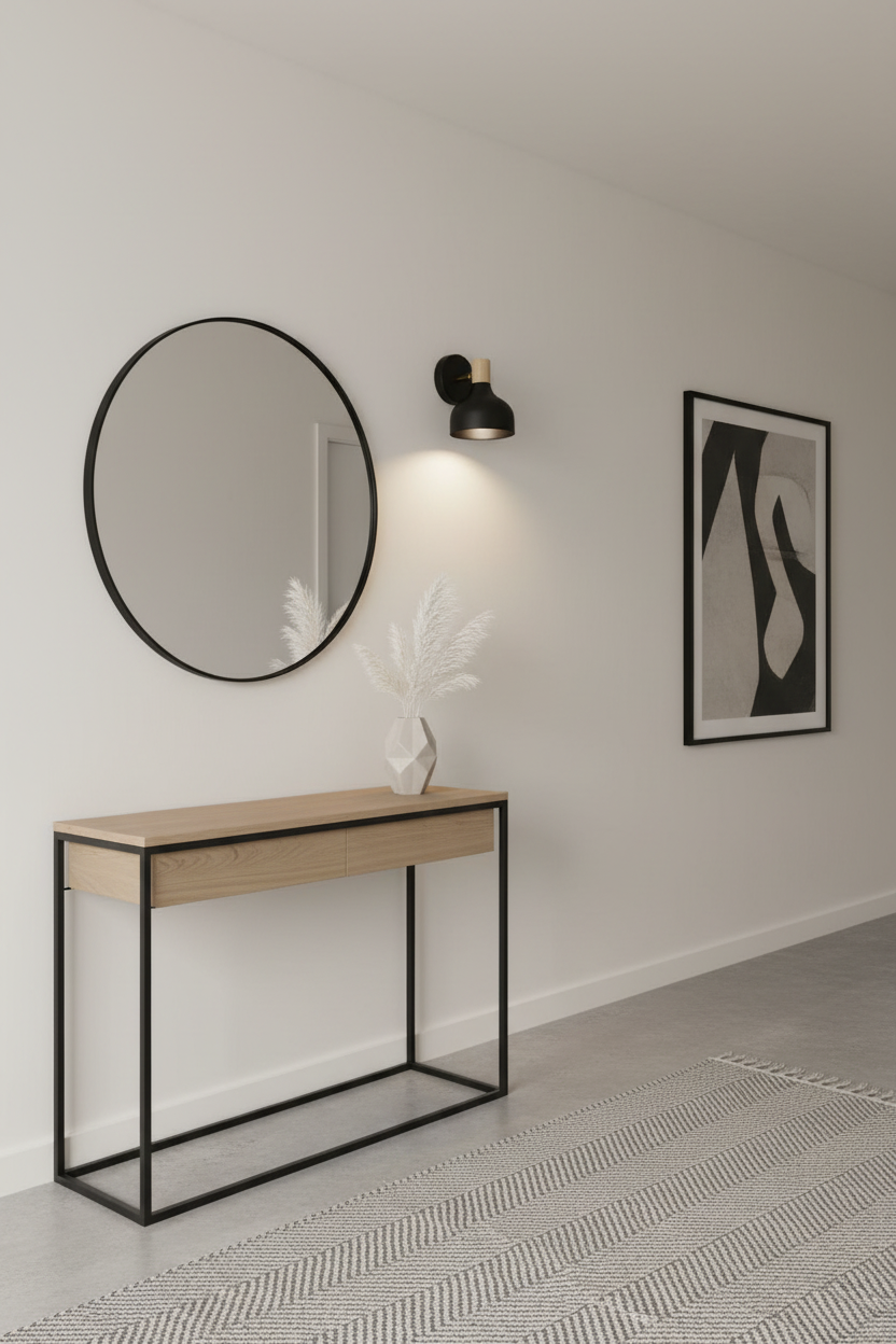 Candeeiro de parede preto com madeira num corredor