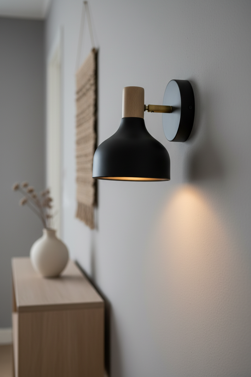 Candeeiro de parede preto com madeira - vista mais próxima