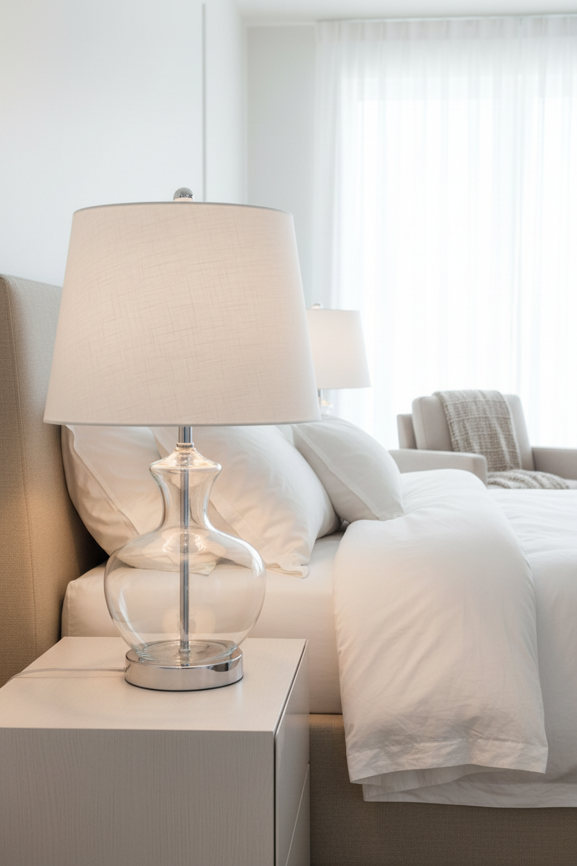 Candeeiro de vidro transparente em quarto luminoso