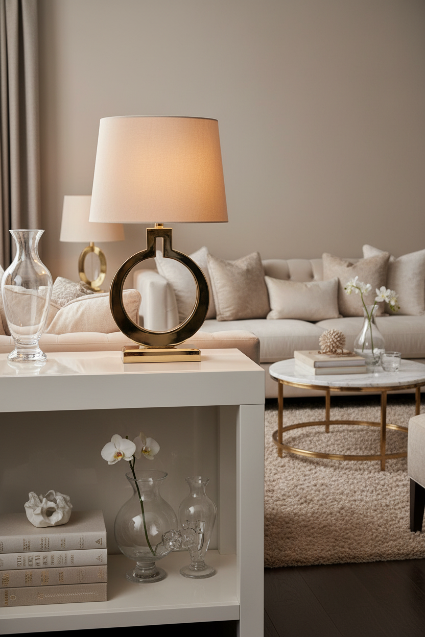 Candeeiro dourado em aparador de sala