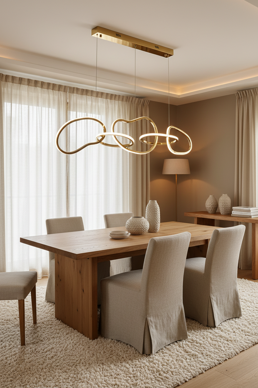 Candeeiro dourado em sala de jantar beige