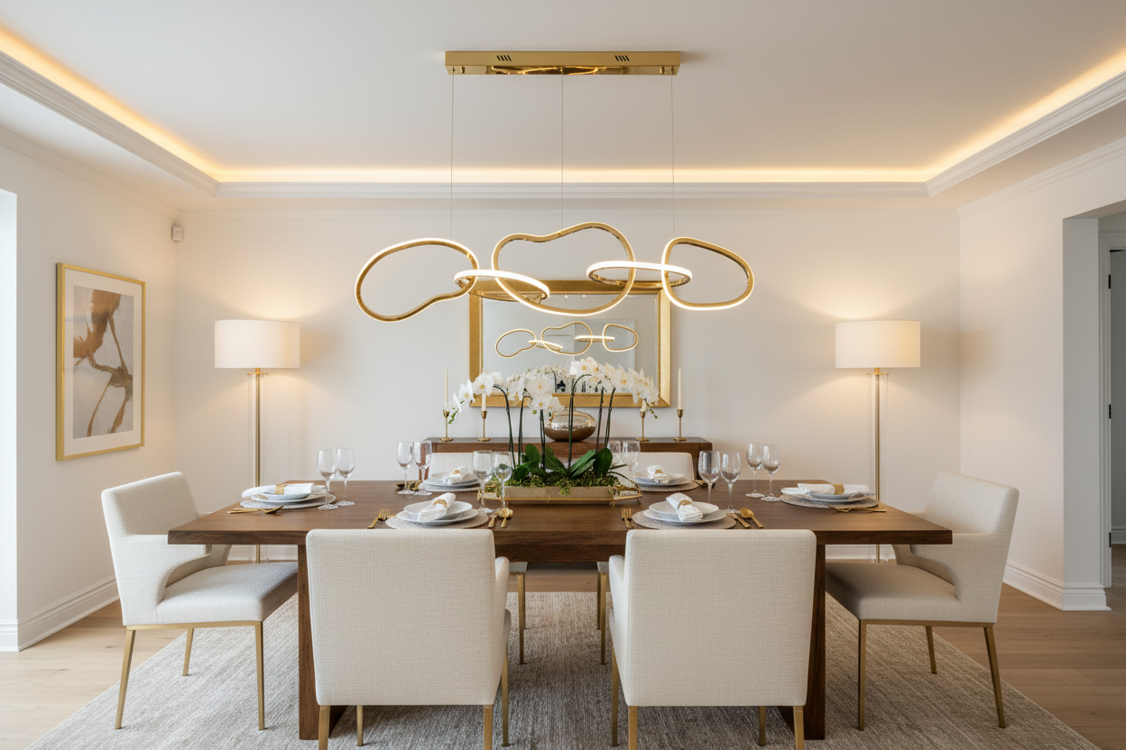 Candeeiro dourado em zona de jantar elegante