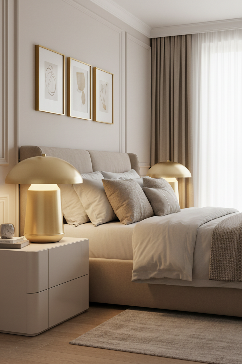 Candeeiro dourado grande em quarto elegante