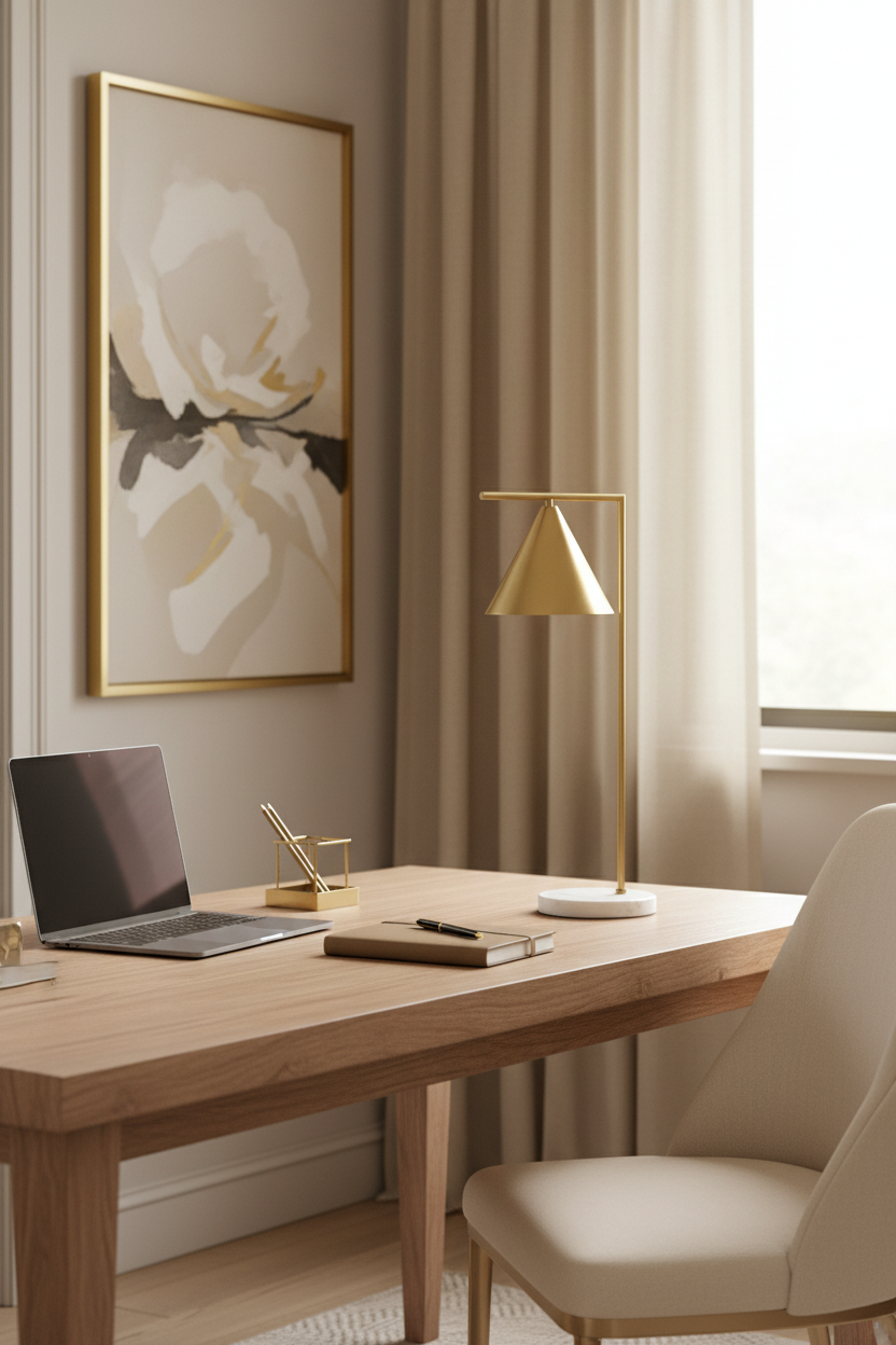 Candeeiro dourado na secretária com cortinados