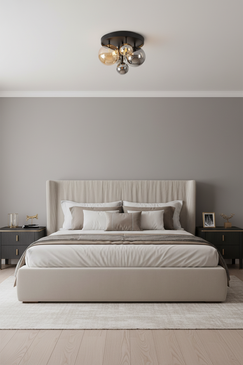 Candeeiro em quarto elegante com mesas de cabeceira escuras