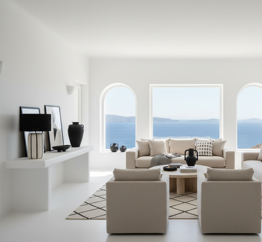 Candeeiro em villa Mykonos branco preto bege