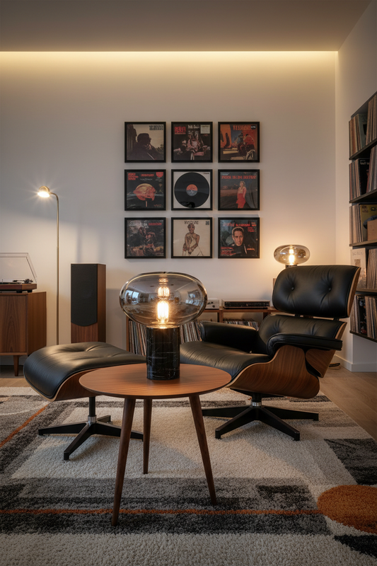 Candeeiro Fungi em sala de música com Eames