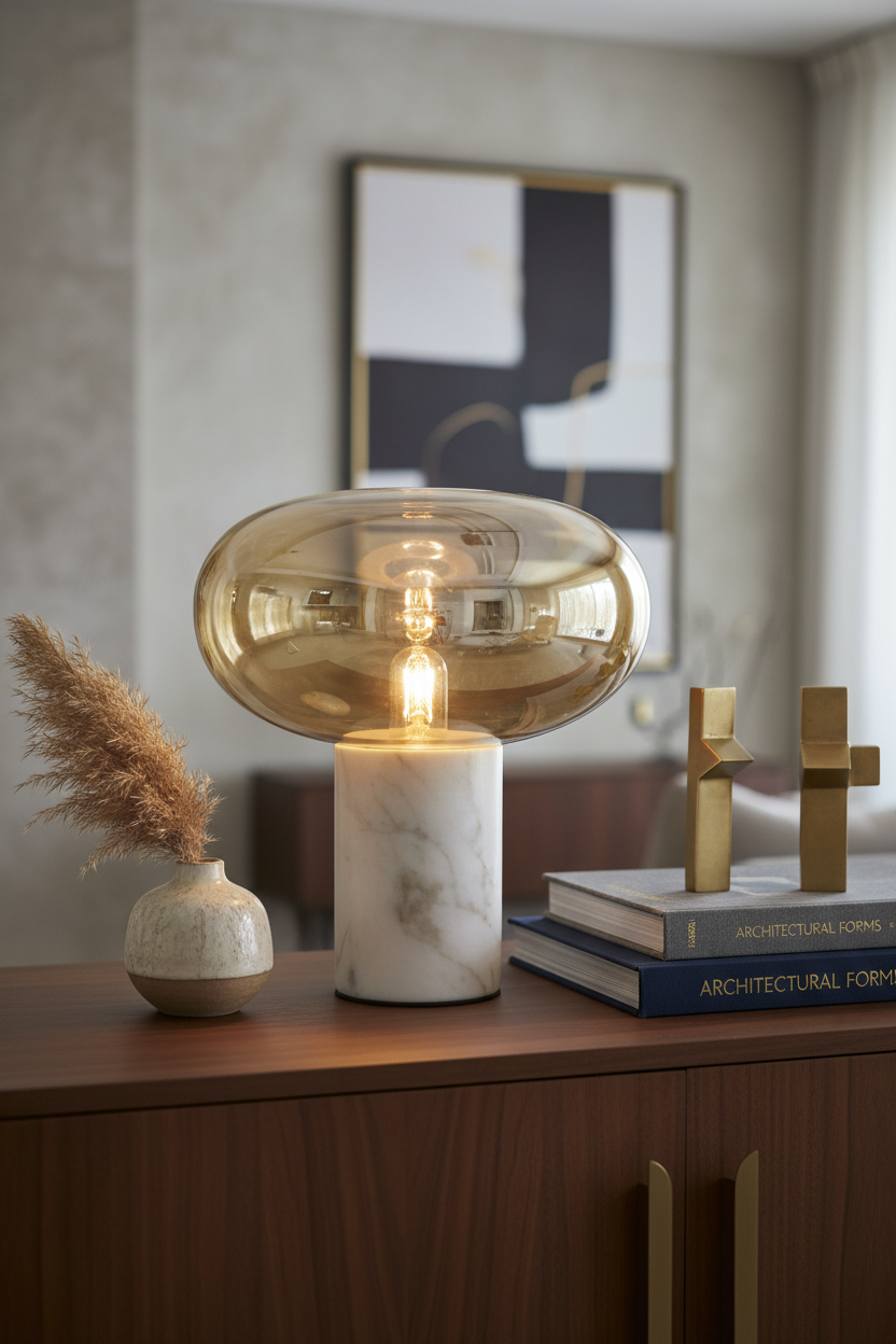 Candeeiro Fungi num sideboard - close-up