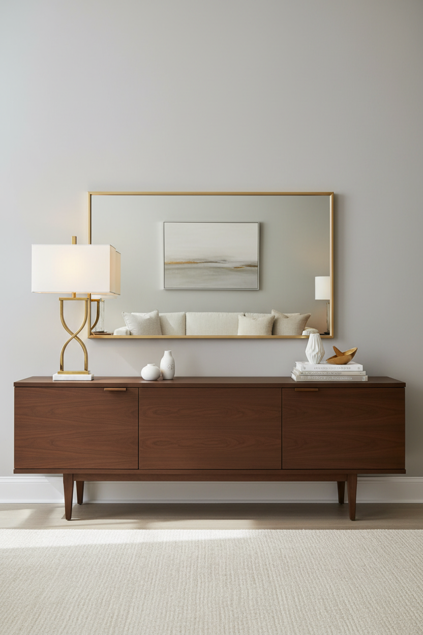 Candeeiro Infinity posicionado na ponta do sideboard com espelho