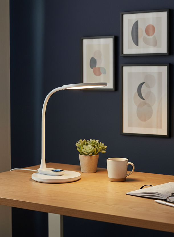 Candeeiro LED branco com parede azul escura e quadros abstratos
