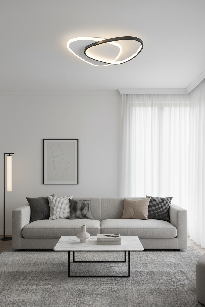 Candeeiro LED em sala sobre zona de sofá